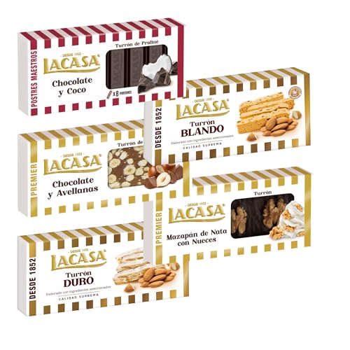 Pack Surtido 5 Turrones Lacasa:Mazapán de Nata con Nueces, Blando, Chocolate y Avellanas, Chocolate y Coco, Duro
