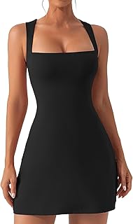 Hotexy Tennis Dress with Built in Shorts and Bra Square Neck Athletic Golf Dress Workout Mini Dress