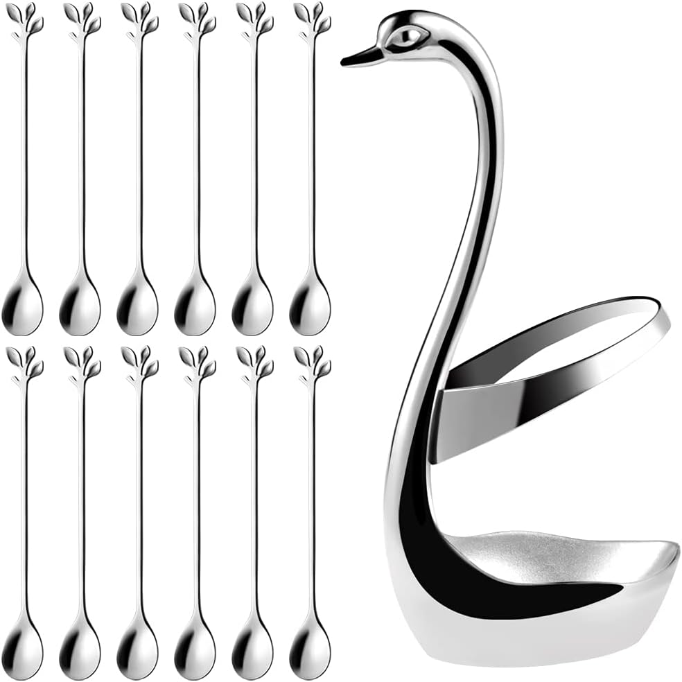 AnSawLarge Silver Swan Base Holder With 12 Pcs Silver Stainless Steel 7.4-Inch Leaf Coffee Spoons Set
