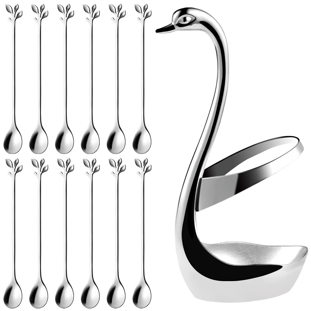 AnSawLarge Silver Swan Base Holder With 12 Pcs Silver Stainless Steel 7.4-Inch Leaf Coffee Spoons Set
