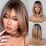 HAIRCUBE Charming Damen Perücken brauner Wurzel Ombre Blonde schulterlange synthetische Perücken für Damen mit Pony-Haarperücken für tägliche und cosplay
