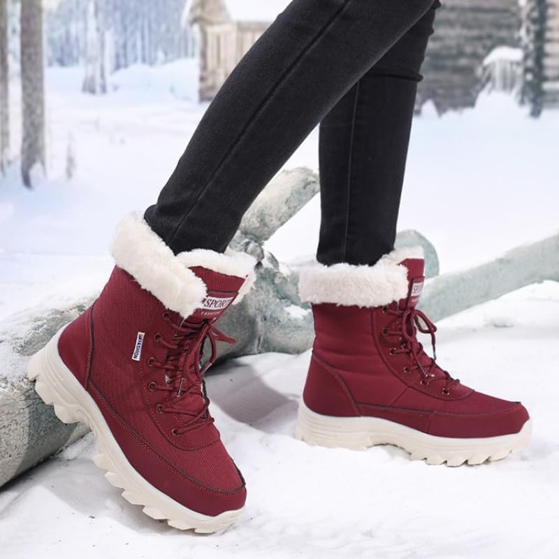 Snow Boots Women Mid-Calf Warm Waterproof Anti-Slip Ankle Boots Winter Lace-up Booties Deep Tread Rubber Sole Faux Fur Lined Hiking Outdoor Comfortable