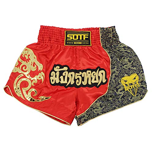SOTF Muay Thai Fight Shorts for Kids Men Elastic Waist Kickboxing MMA Shorts, Red, M for waist 25-31inch