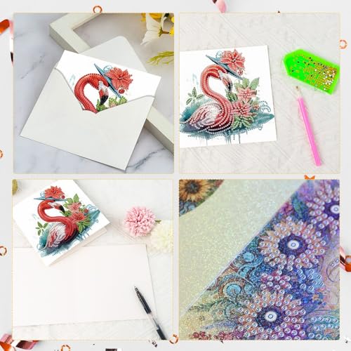 Image of AiYuanzsh 6 Pack Diamond Painting Greeting Card Kits Flamingo Summer Designs, DIY 5D Diamond Art Greeting Cards with Envelopes for Birthday, Thanksgiving, Holiday Wishes and Handmade Gifts