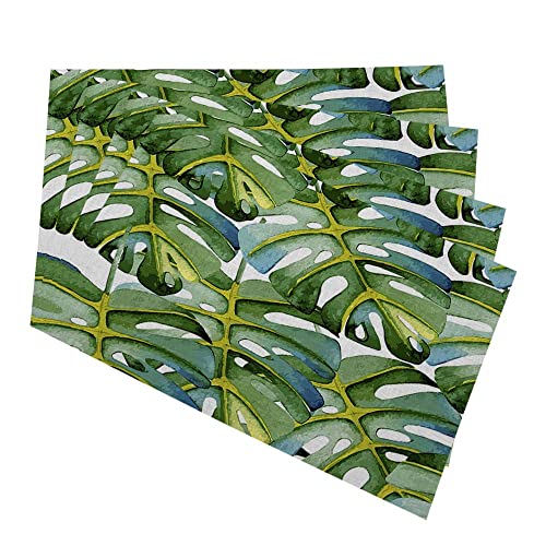 Yibeas Large Green Leaf Placemats For Kitchen Dining Table Set Of 4 Palm,Tropical Plant,Foliage,Watercolor Table Mats Linen Washable Heat Resistant Place Mats 12 X 18 Inch #TOP28