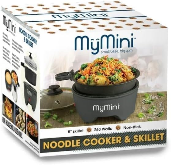 My~Mini 5~inch Noodle Cooker & Skillet Electric Hot~Pot, Compact Non~Stick Appliance for Ramen, Pasta, Stir Fry, Eggs, Pancakes, Dorms, RVS, Portable with Cool~Touch Handle & Preheat Indicator.