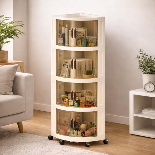 Image of House of Quirk Foldable Triangular Storage Cabinet with Wheels | Space Saving Corner Organizer | Portable Large Capacity Plastic Storage Box for Kitchen, Bathroom, Bedroom (4 Layer, Cream)