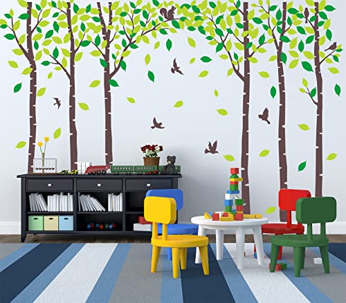 Six Birch Tree Wall Decals Birds Cute Squirrel Forest miniatura 2