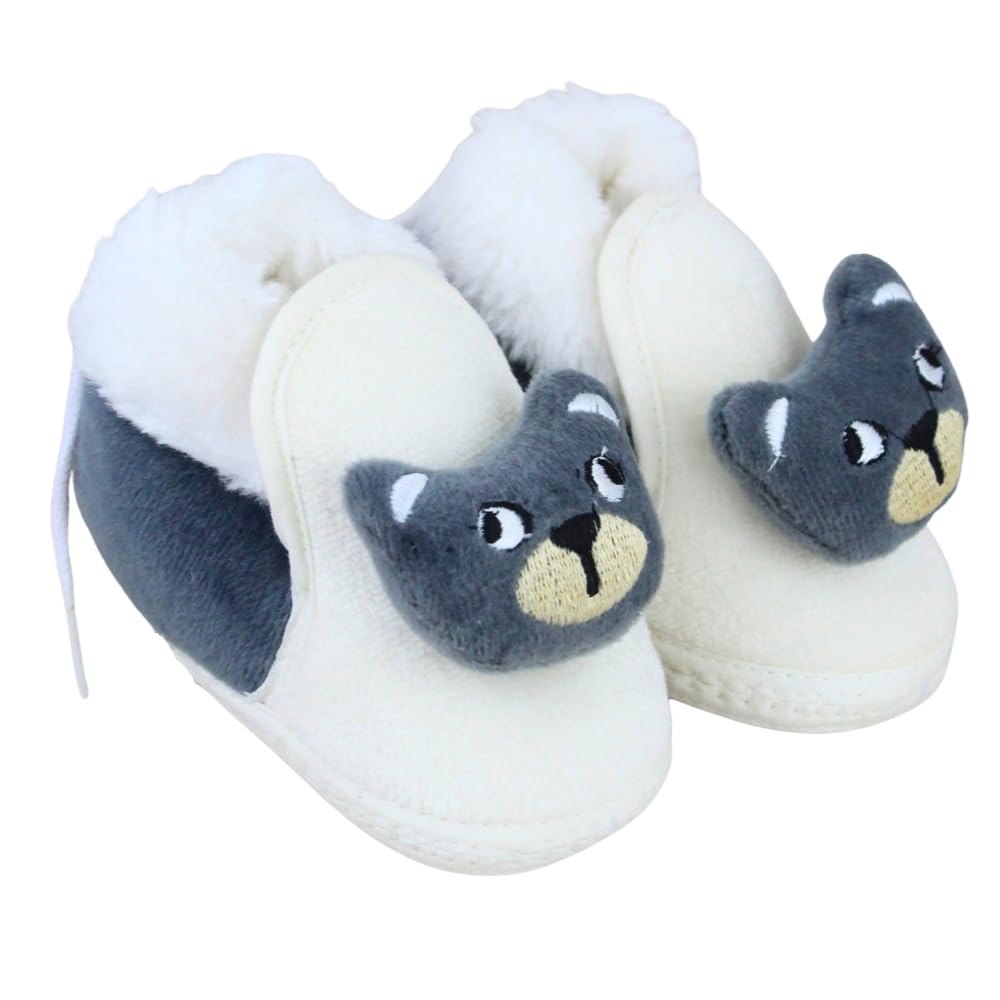 6 To 12 Months Baby Boys & Girls Newborn Soft Cotton Bear Face Baby Lace White & Grey Booties-BT5333-image-34