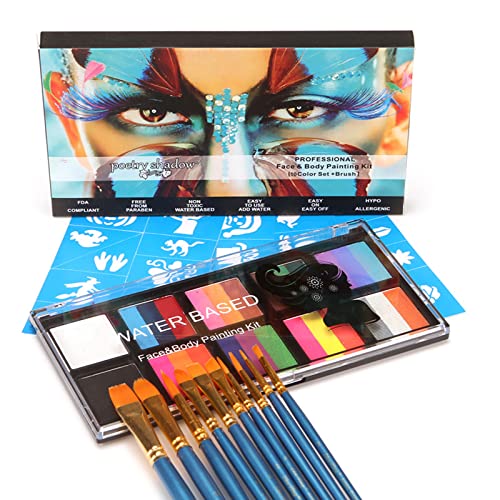 Joyeee Peinture Corporelle pour Le Visage, Palette de Maquillage pour Enfants, Multicolore 10 Couleurs Peinture à l'huile Flash Tatouage avec Pinceaux et Pochoirs pour Halloween Noël Carnaval Cover