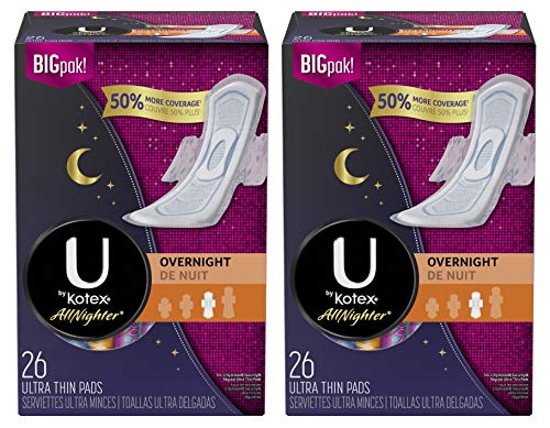 U by Kotex AllNighter Overnight Ultra Thin Pads with Wings, Unscented, 26 Count - 2 Pack. (Includes 52 Pads Total.)