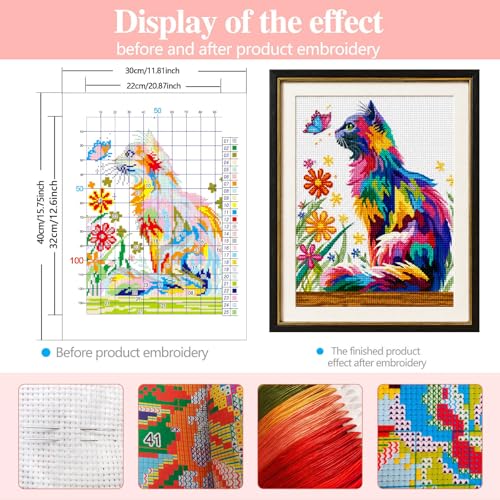 Image of Zhenqing Playful Cat & Butterfly Cross Stitch Kit for Beginners - 11CT Printed 30x40cm Aida Cloth, Colorful Threads & Needle Included (No Hoop /Scissors) (66988)