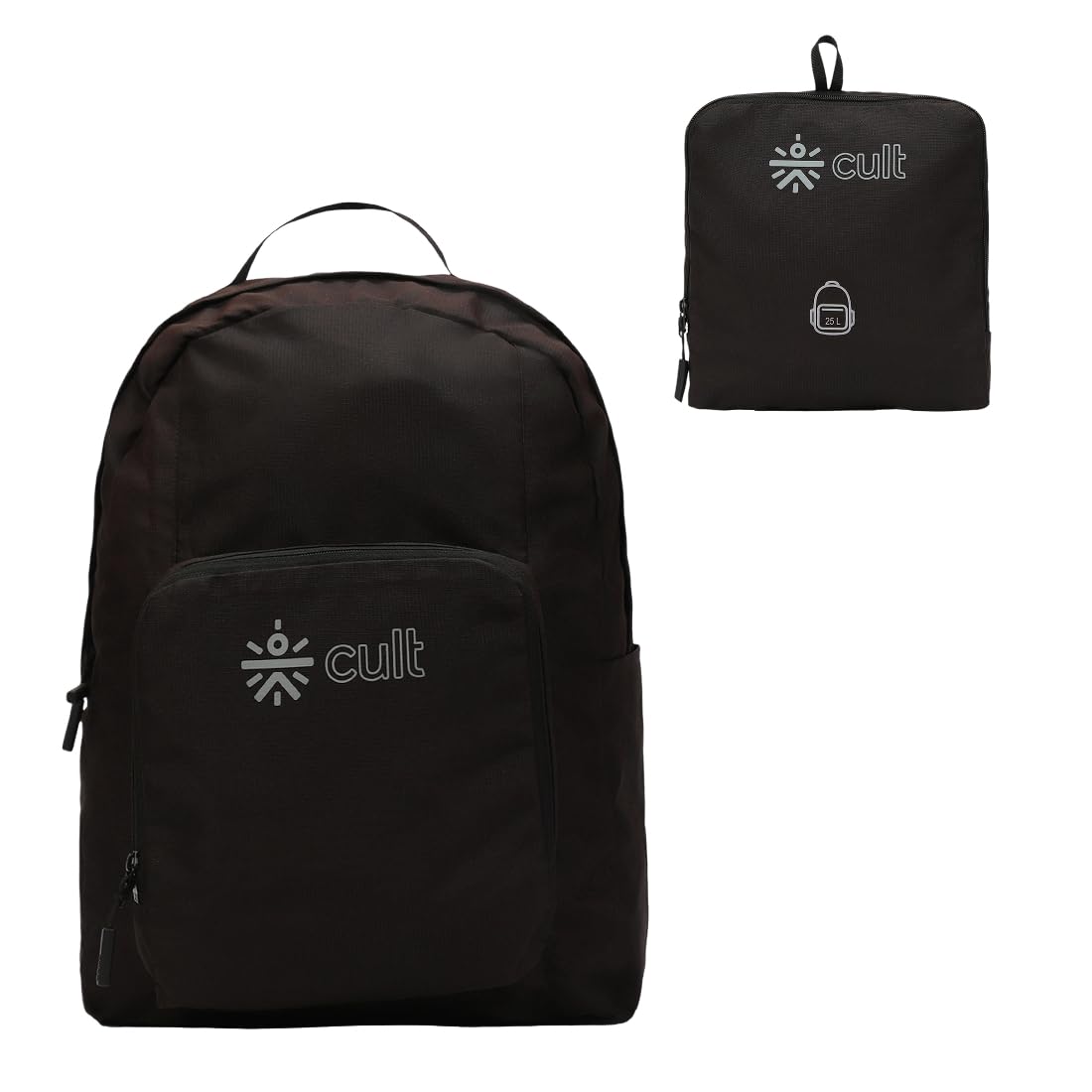 Cult Foldable Backpack 25L – Lightweight Travel Daypack with Water-Resistant Fabric, Adjustable Straps & Side Pocket – Compact, Durable Bag for Hiking, Commute & Daily Use Unisex Black