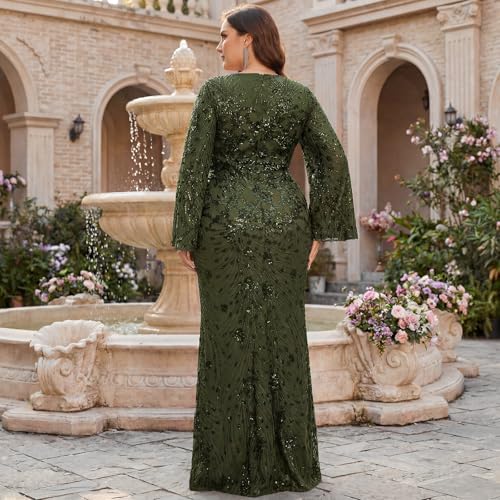 Image of Plus Size Formal Dresses for Women with Embroidery Sequin and Cape Sleeve, V-Neck Maxi Dress for Wedding and Party