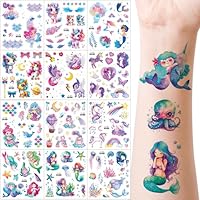 12 Sheets Glitter Temporary Tattoo for Girls Unicorn Mermaid Temporary Tattoo Stickers for Kids Safe Removable Waterproof Fake Tattoos for Birthday Party Favours Girls Party Bag Fillers