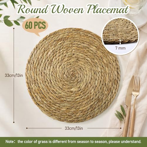 Image of Colingmill 60 Pcs Round Woven Placemats Bulk, Natural Rattan Wicker Chargers, Farmhouse Boho Straw Place Mats for Wedding Home Dining Party Table Decor Water Hyacinth Braided Placemat (13 Inch)