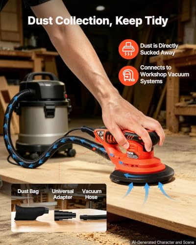 Image of VEVOR 5 & 6-Inch Random Orbital Sander 400W Brushless Orbital Sander, 4000-10000RPM 7 Speeds Electric Palm Sanders with 20PCS Sandpapers, Dust Bag & Vacuum Hose for Woodworking Detailing Sanding