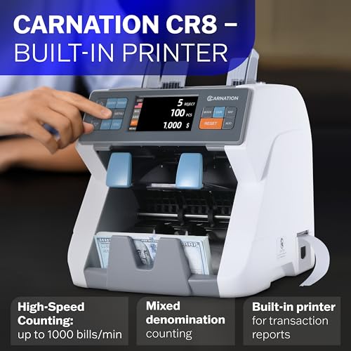 Carnation CR8 Mixed Denomination Money Sorter with Built-in Printer – Bank-Grade Bill Counter with Counterfeit Detection, Serial Number Tracking, Multi-Currency Support & 2 CIS Sensors - Image 2