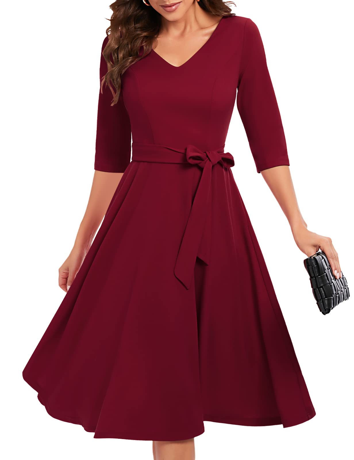 Bbonlinedress Vestido de Fiesta Cóctel Vintage para Muejeres Bada Graduación Dama de Honor Midi Mangas 3/4 Cuello V con Cinturón