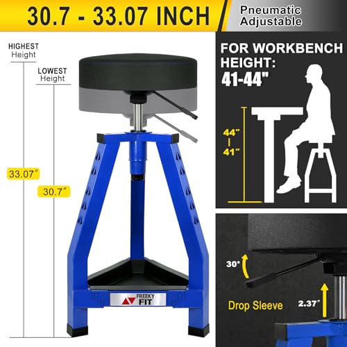 Image of Adjustable Tall Shop Stool, Mechanics Garage Stool Chair, Work Metal Chair for Workshop, Adjustable Height, 360 Swivel Padded Seat, Tool Tray Storage, 350 LBS Capacity, Heavy Duty, Blue