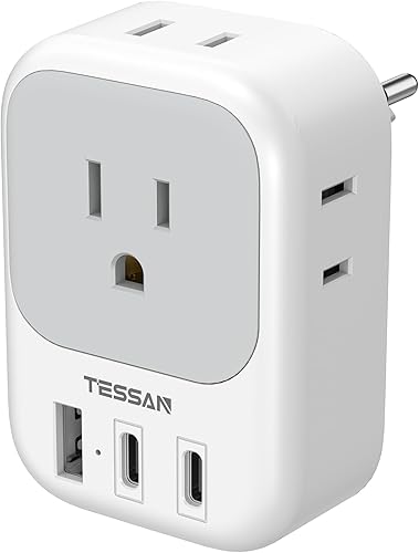 TESSAN Adaptador de enchufe de viaje para Suiza, adaptador de corriente tipo J Suiza con 4 tomacorrientes, 3 USB (2 USB-C), enchufe suizo para EE.