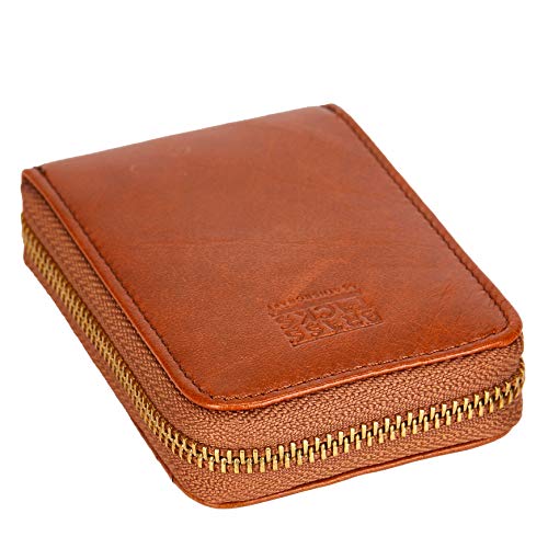Image of Vintage Handmade Full Leather Front Pocket Wallet RFID Blocking Multi Card Case with Zipper Pocket for Men Women with Box Packing (Brown)