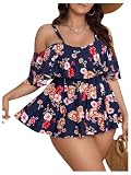 SOLY HUX Women's Plus Size 2 Piece Tankini Swimsuit Floral Print Cold Shoulder Ruffle Trim Bikini Set Bathing Suit Dark Blue, 3X-Large Plus