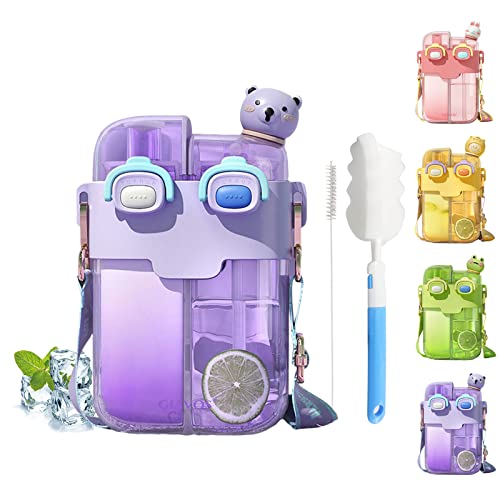 RUYI Botella de agua para niños de 780 ml, a prueba de fugas, sin BPA, doble propósito, con pajita y correa, botella de agua Kawaii para escuela, bicicleta, gimnasio, con cepillo de limpieza y