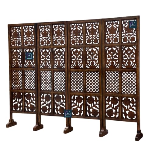 Image of Wooden Room Partition Screen with Burnt Wood Finish | Hand Buffed Traditional Handicraft Room Divider | Indoor Room Separator | Puja Room Divider (4 Panel 5 Feet with Stands)