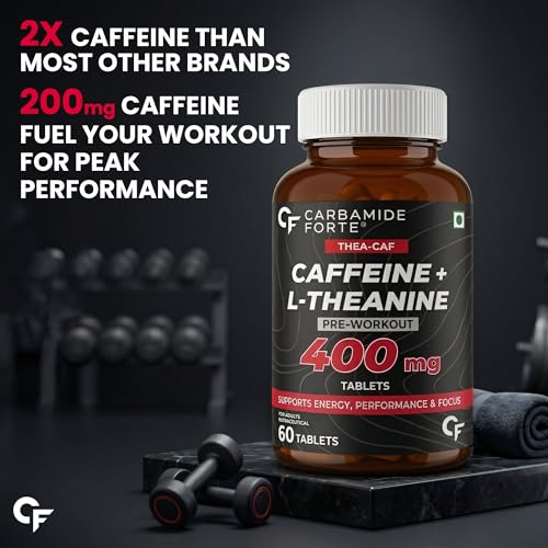 Image of Carbamide Forte Caffeine Tablets with L Theanine | Pre Workout for Men & Women | High Strength Caffeine for Energy & Focus | Gym Supplement for Men & Women | 60 Veg Tablets for Pre Workout