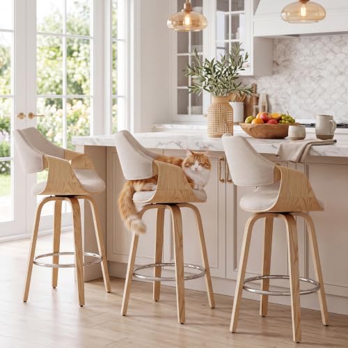 Image of HNY 26 inch Swivel Bar Stools Set of 3, Beige Chenille Counter Height Barstools