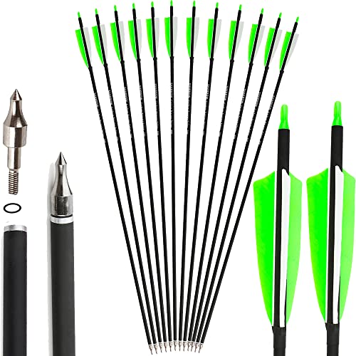 SHARROW 32 Zoll Carbon Pfeile für Bogenschießen Spine 500 Carbonpfeile Jagd Bogen Pfeile Jagdpfeile mit 4 Zoll Natürliche Federn für Pfeil Und Bogen Recurvebogen Compoundbogen (12P, Grün)