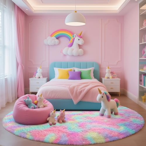 Rainbow Round Rug for Bedroom, 4Ft Fluffy Circle Area Rugs for Living Room, Shag Fuzzy Carpet for Kids Room, Nursery, Dorm, Classroom, Teen, Cute Baby Play Mat Home Decor Aesthetic