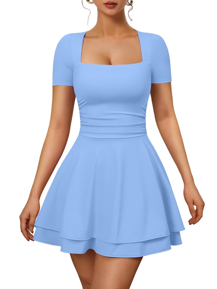 XXTAXN Womens Sexy Square Neck Short Sleeve Flowy Club Mini Dress