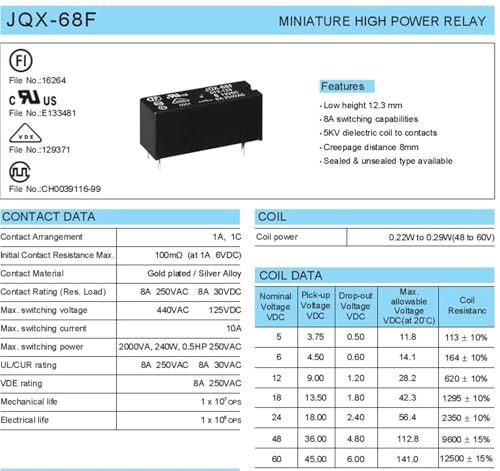 Relé electromecánico JQX-68F-012-1ZS de 5 pines y 12V CC interruptor 8A pack de 2 3
