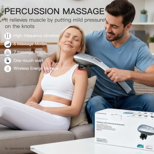 Man using a percussion massager on a woman's shoulder at home