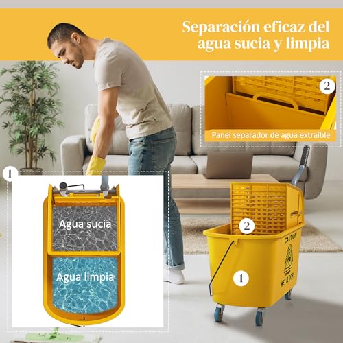 HOMCOM Cubo de Fregona con Ruedas Capacidad de 20 L Cubo de Fregar con Sistema de Escurridor Mopa y Asa de Transporte para Doméstico y Comercial Amarillo - imagen 4
