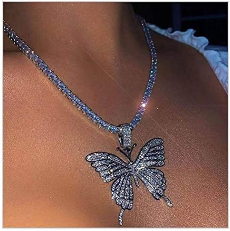 Prosy Fashion Layered Butterfly Pendant Necklaces Crystal Choker Necklace Tennis Chain Bling Choker Necklace Jewelry Gifts Women and Girls (Silver 3)