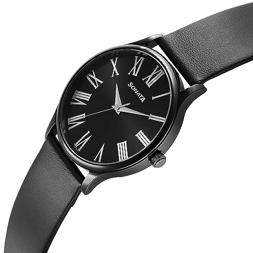 Image of Sonata Aspire Quartz Analog Black Dial Leather Strap Watch for Men-NS77105NL08W /NT77105NL08W
