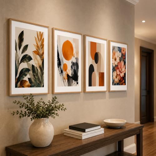 Image of Livin'luxe Set of 4 Botanical Floral & Geometric Abstract Wall Paintings with Sparkle Laminate and Premium Wooden Synthetic Frame for Living Room Bedroom Office Decor (13.5 x 19.5 Inch)