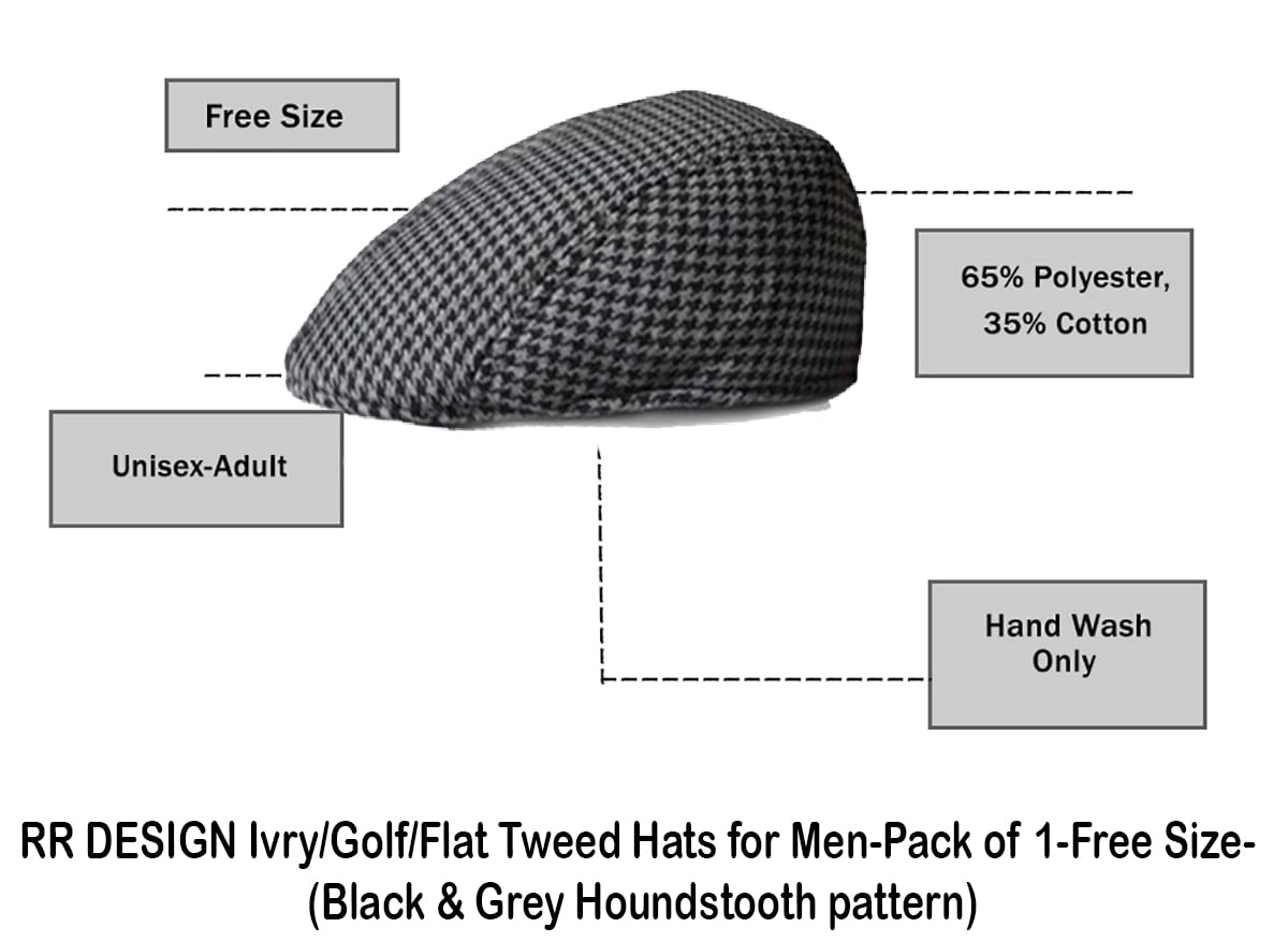 RR DESIGN Newsboy Cap Ivry/Golf/Flat Tweed Hats for Men-Pack of 1-Free Size- (Black & Grey Houndstooth Pattern) 4