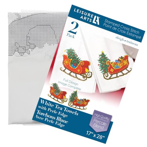 Image of LEISURE ARTS Stamped Tea Towel, Sleigh, 17x28 Inch, Perle Edge, 2 Pack | Pre-printed sleigh design, 17x28 in percale fabric 51% cotton 49% polyester. Perle edge. Stitch chart. Pack of 2.