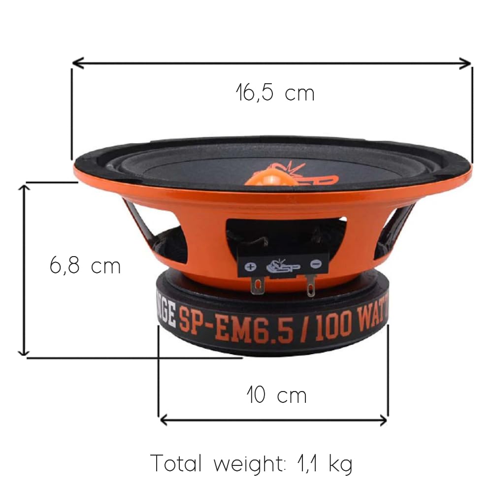 SP Audio 2 SP-EM6.5 diffusori midrange da 16,5 cm 165 mm 6,5" di diametro, 100 watt rms 200 watt max, impedenza 4 ohm, sensibilità 95 db, portiere, sportelli, auto, a coppia