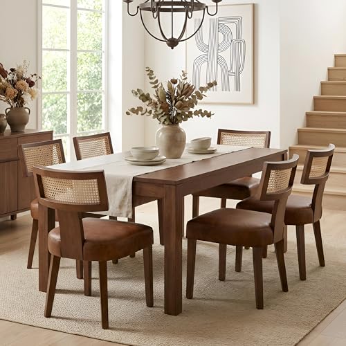 Image of HNY Mid Century Modern Rattan Dining Chairs Set of 6, Farmhouse PU Leather Upholstered Accent Chair Curved Backrest Kitchen Chairs, with Hardwood Frame, Brown