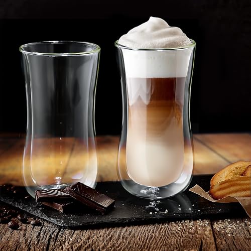 Joeyan Double Walled Borosilicate Glass Coffee Tea Tumbler Cups Set of 2 for Latte Espresso Cappuccino, 13.5oz Slim Insulated Highball Glasses for Milk Beverages Beers Smoothies, Hot Cold Resistant by Joeyan - Image 3