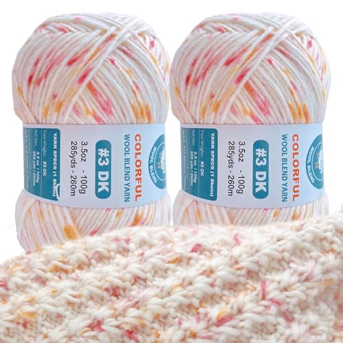 Image of 2 Pack Wool Blend Yarn, 2x3.5oz / 285yds, #3 DK, 20% Wool 80% Acrylic, Variegated, Single-Ply Soft Crochet & Knitting Wool Yarn for Sweaters, Scarves, Hats (Blushing Ivory)