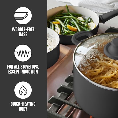 Image of GreenLife Soft Grip 8 Piece Cookware Set, Non-Toxic PFAS-Free Ceramic Nonstick, Frying, Sauce, Saute, Utensils, Glass Lids, Stay-Cool Handles, Wobble Free, Dishwasher & Oven Safe, Black