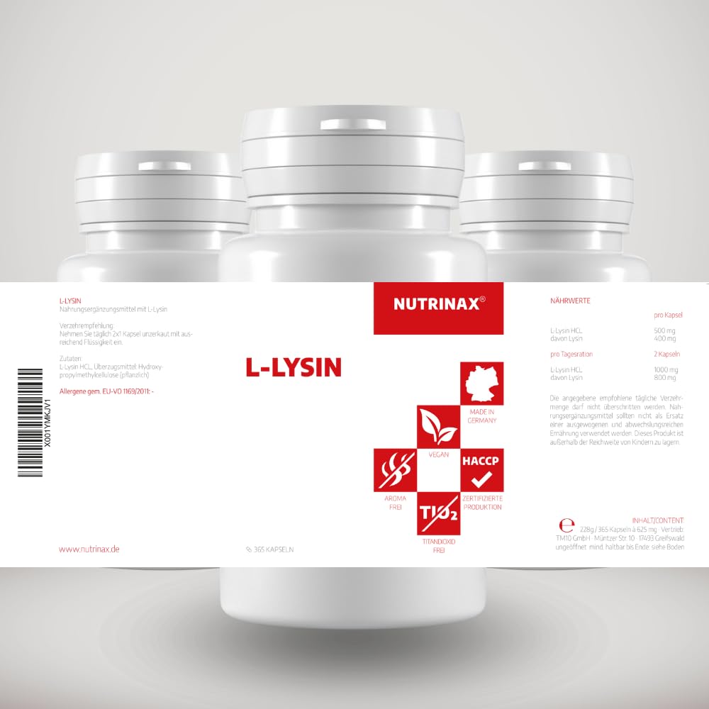 L-Lysin | 365 vegane Lysin Kapseln | hochdosiert mit 1000mg L-Lysine HCL (800mg L Lysin pro Tagesdosis) | Made in Germany | aus pflanzlicher Fermentation