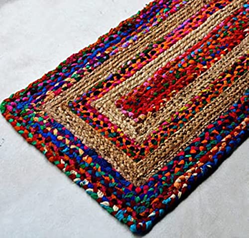 Image of Jute Braided Natural Hand Woven & Reversible Rug for Living Room Kitchen Entryway, Farmhouse Rustic Burlap Carpet Floor Mat (cottjuterect, 2X5-feet)