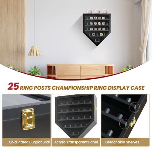JWHOO Championship Ring Display Case, 25 Ring Posts Sports Ring Holder, Baseball Ring Display Case Ring Holder for Collection Sports Champion Rings, Wall Mount Wooden Shadow Box for Display